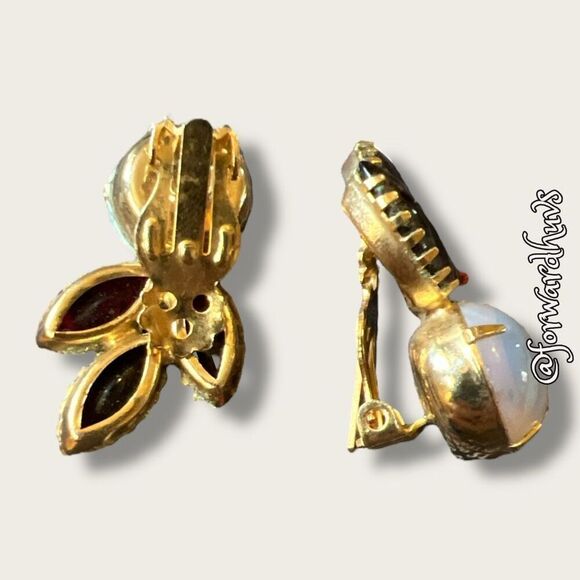 Vintage Opalescent and Ruby Glass Dangle Earrings | Gold-Toned Metal - Picture 9 of 12